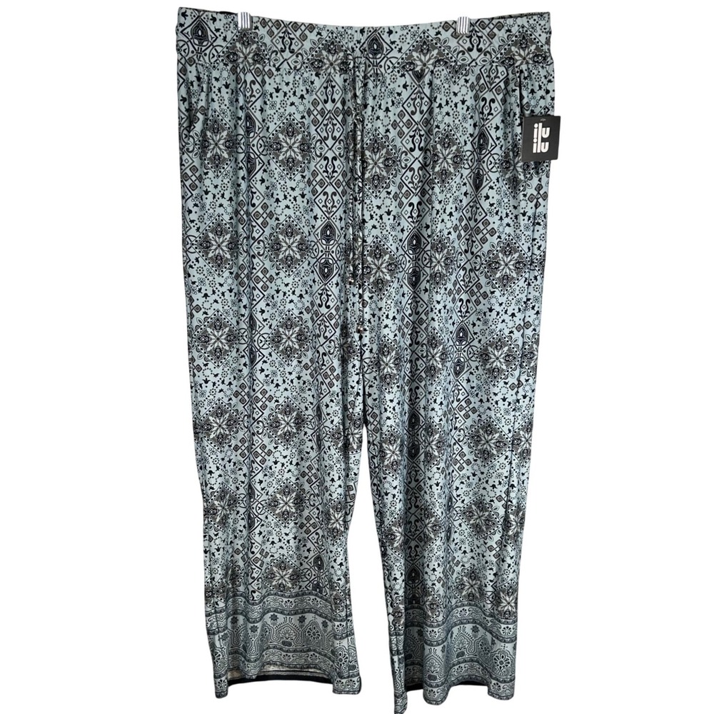 Ilu Ilu Womens 3X Blue Black‎ Geometric Print Wide Leg Palazzo Pants New